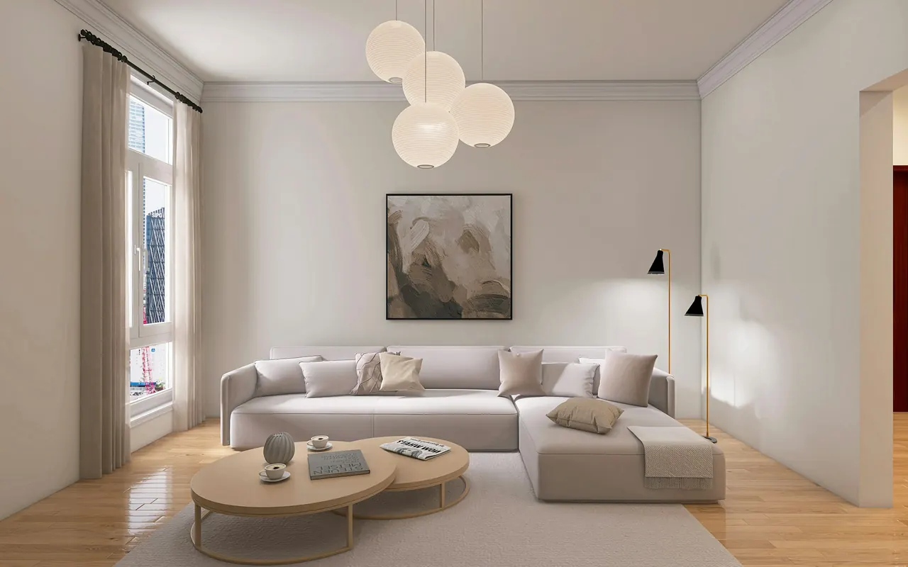 Küre avizeli, krem koltuklu tamamlanmış salon