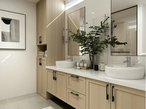 Açık meşe çift lavabolu dolap ve aynalı banyo